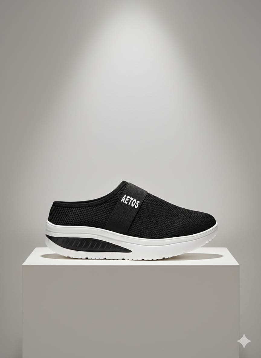 Aetos Women's Black Chunky Slip-On Sports Sandals - Air Cushion Breathable Comfort Shoes